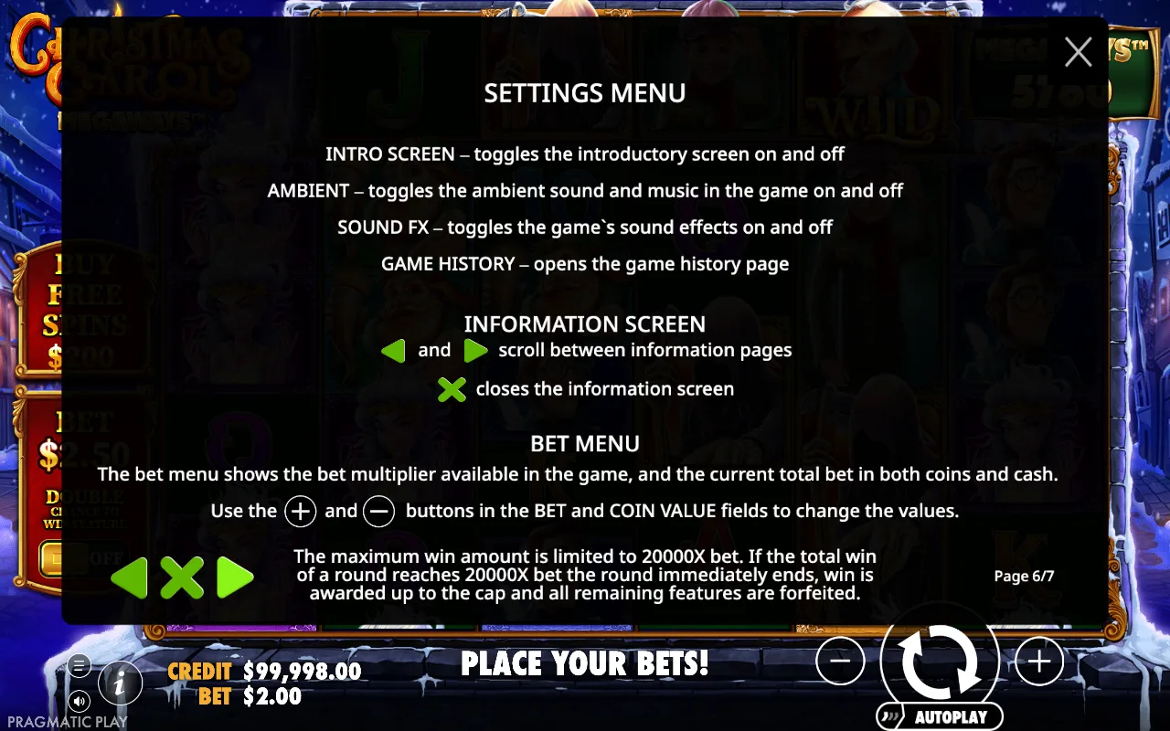 Settings menu — Christmas Carol Megaways