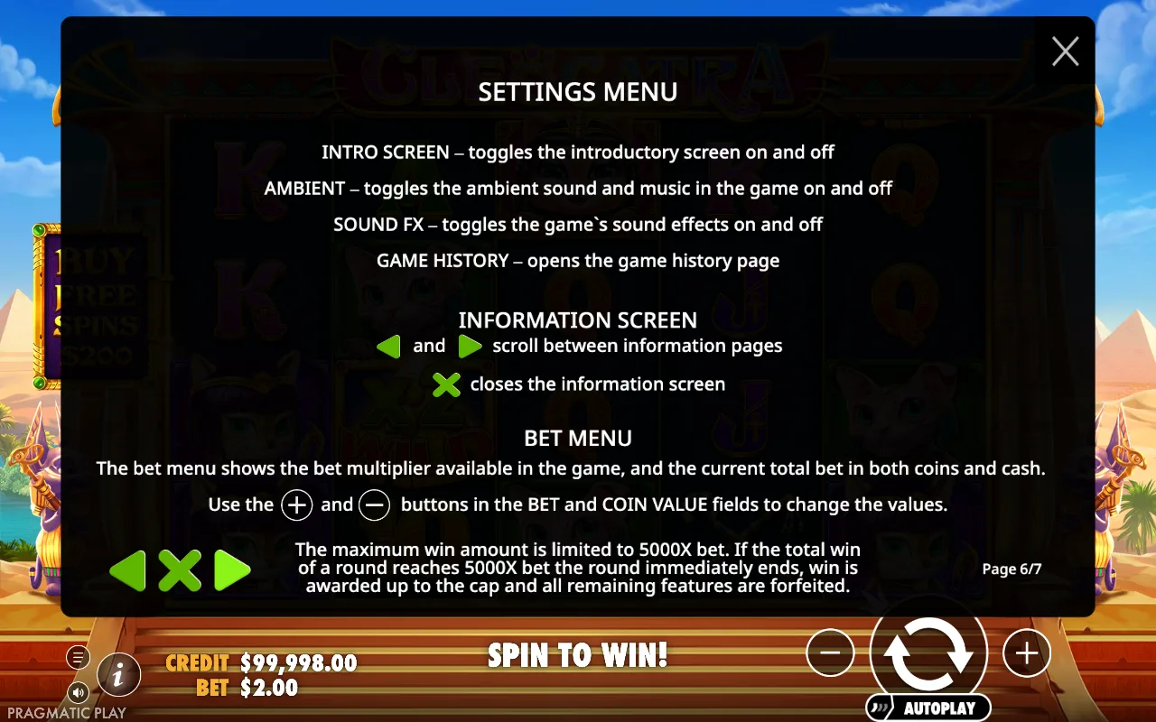 Settings menu — Cleocatra