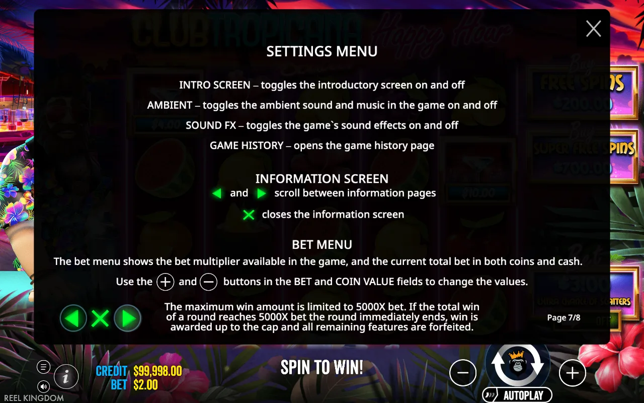 Settings menu — Club Tropicana Happy Hour