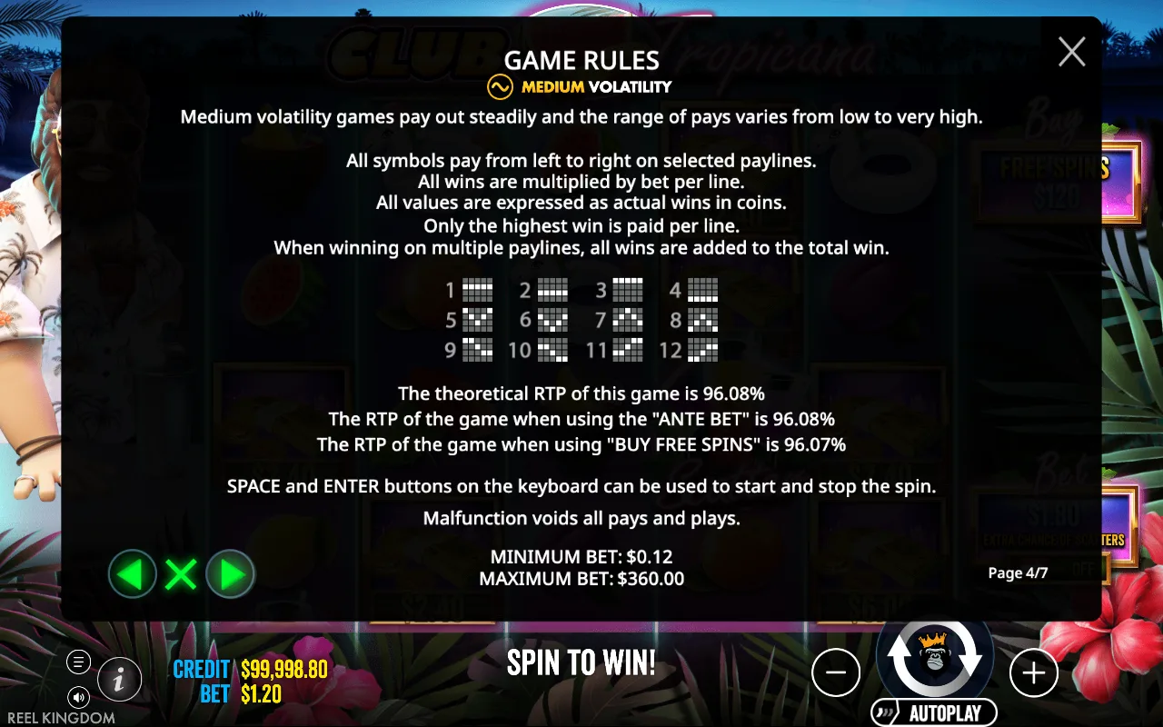 Game rules — Club Tropicana