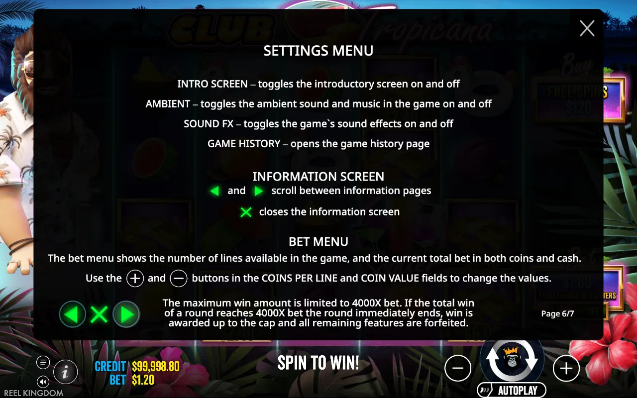 Settings menu — Club Tropicana