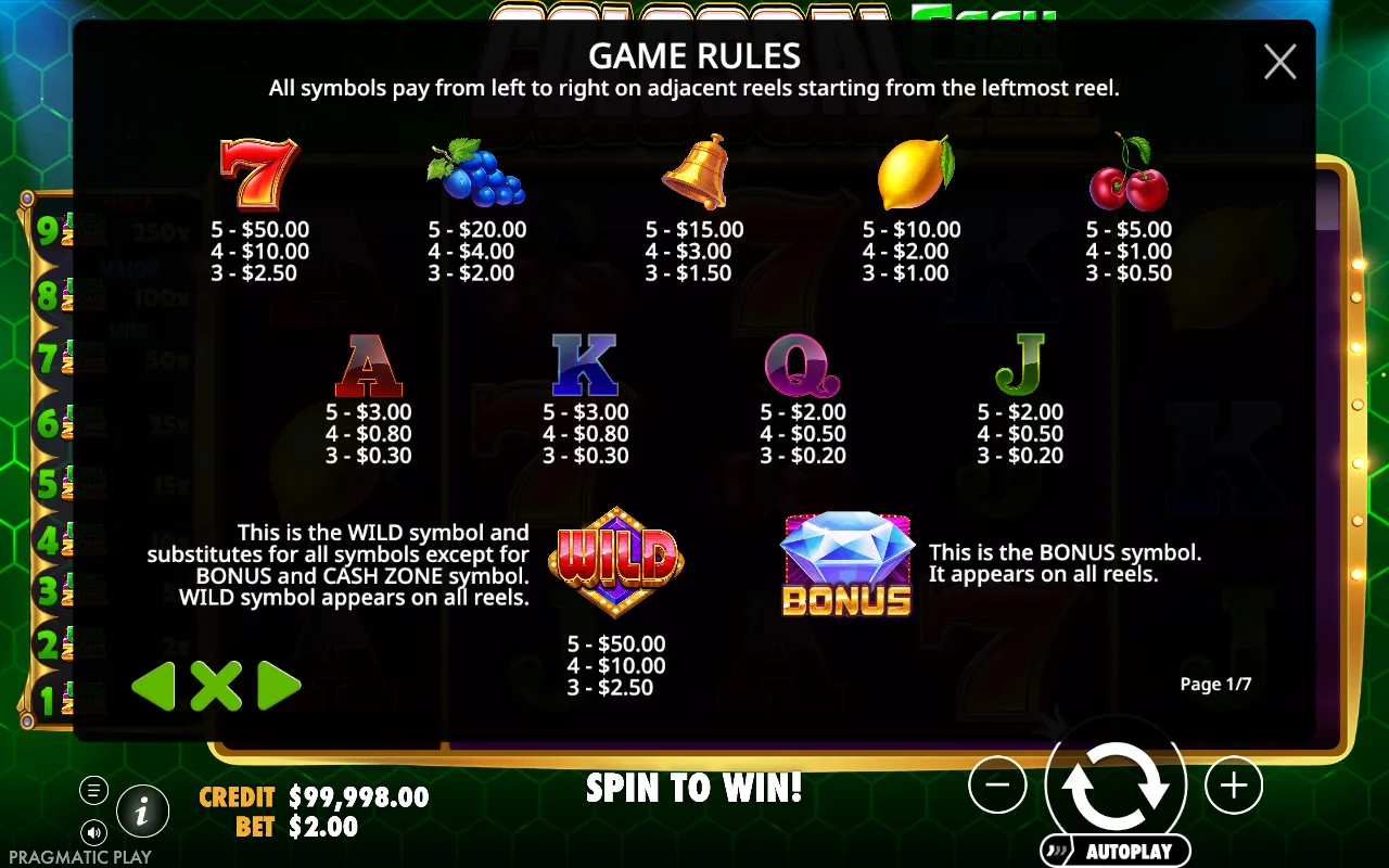 Game rules, page 1 — Colossal Cash Zone