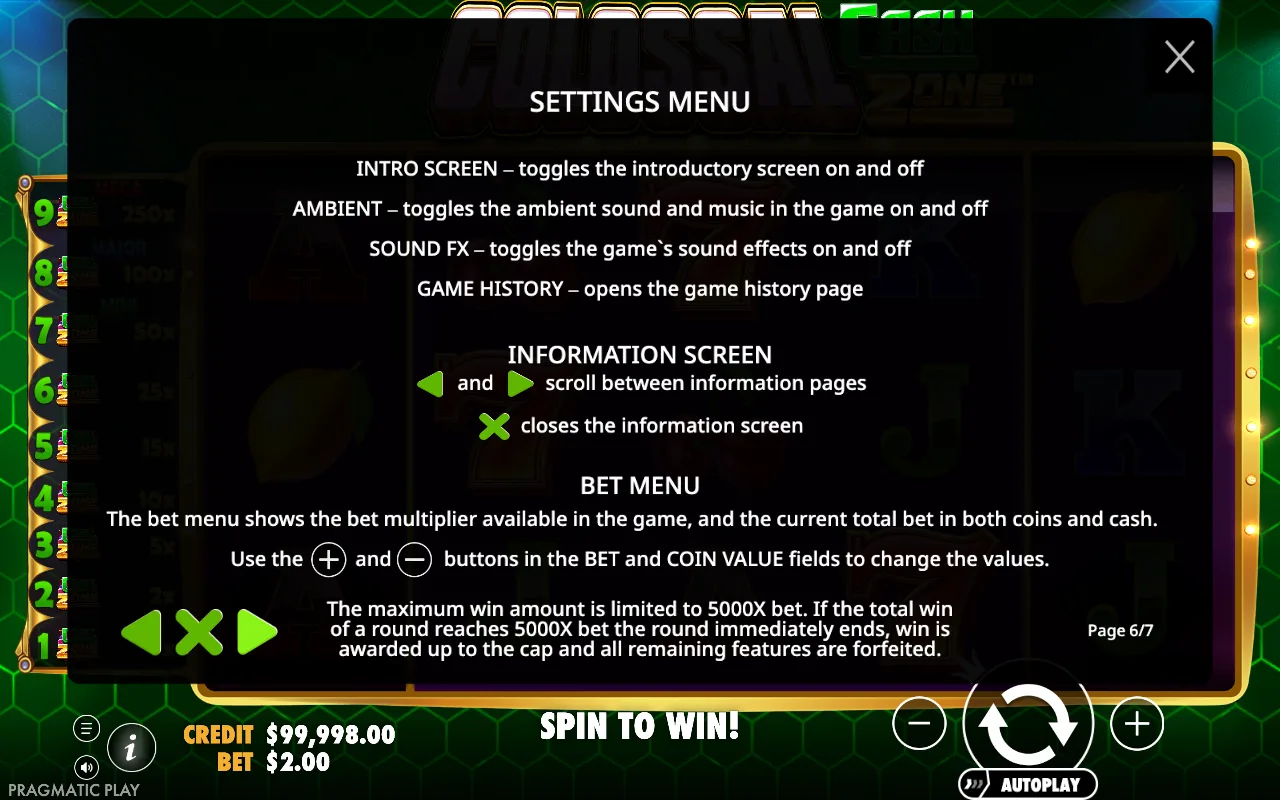 Settings menu — Colossal Cash Zone