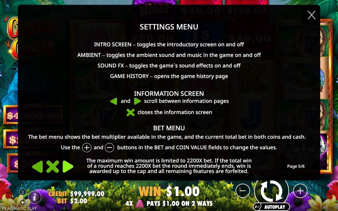Settings menu — Congo Cash