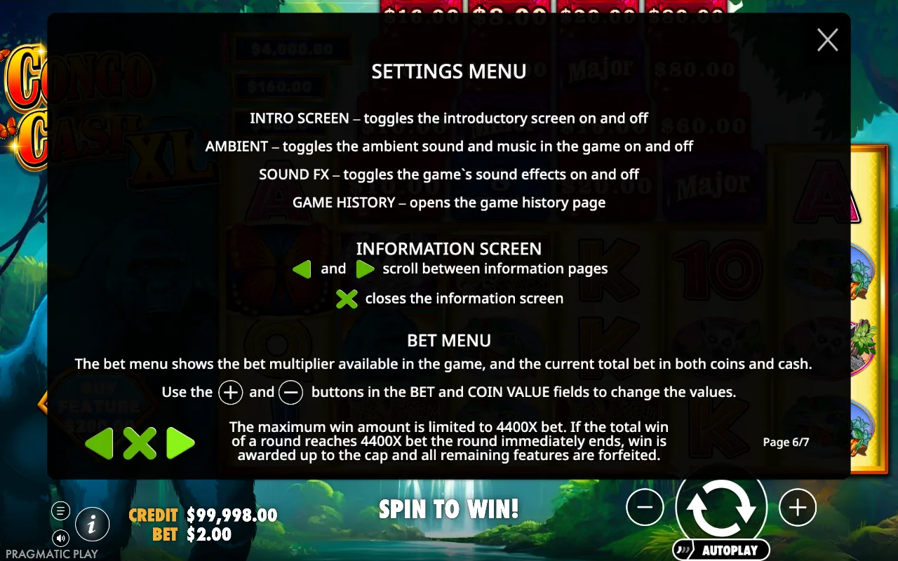 Settings menu — Congo Cash XL