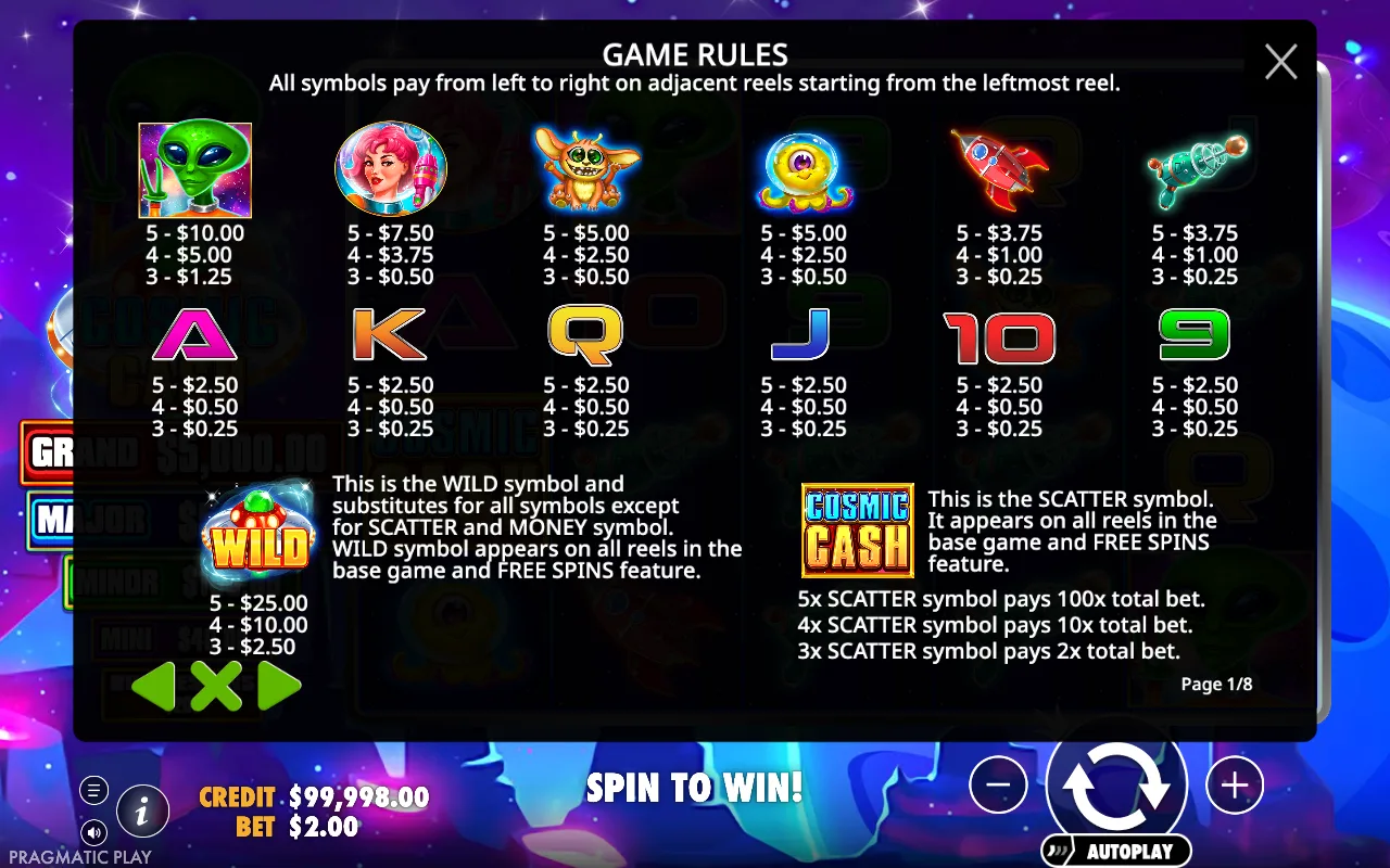 Game rules, page 1 — Cosmic Cash