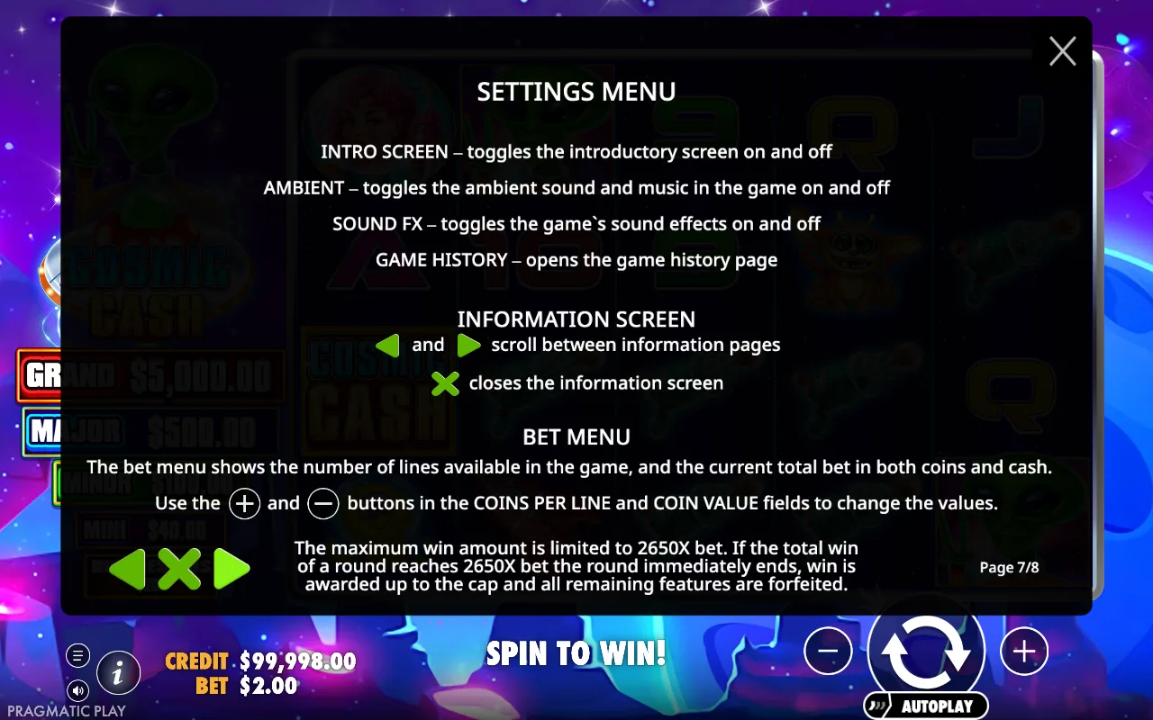 Settings menu — Cosmic Cash