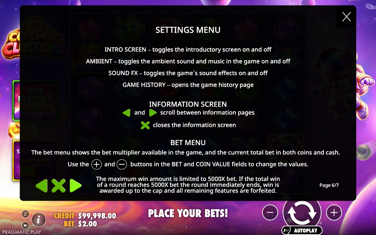 Settings menu — Cosmic Clusters