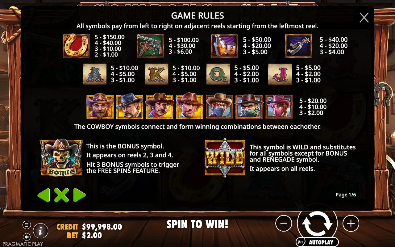 Game rules, page 1 — Cowboys Gold