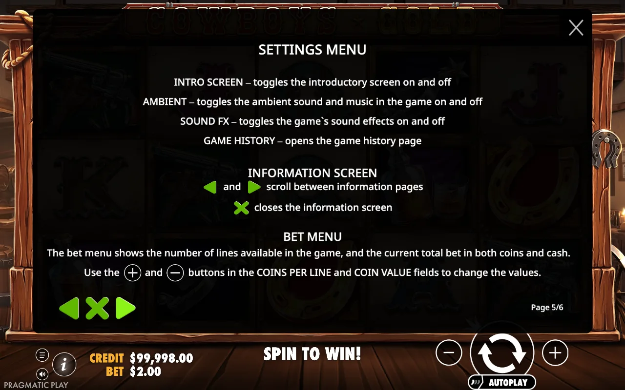Settings menu — Cowboys Gold