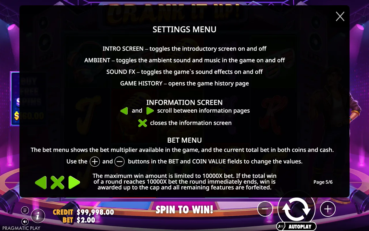 Settings menu — Crank it Up