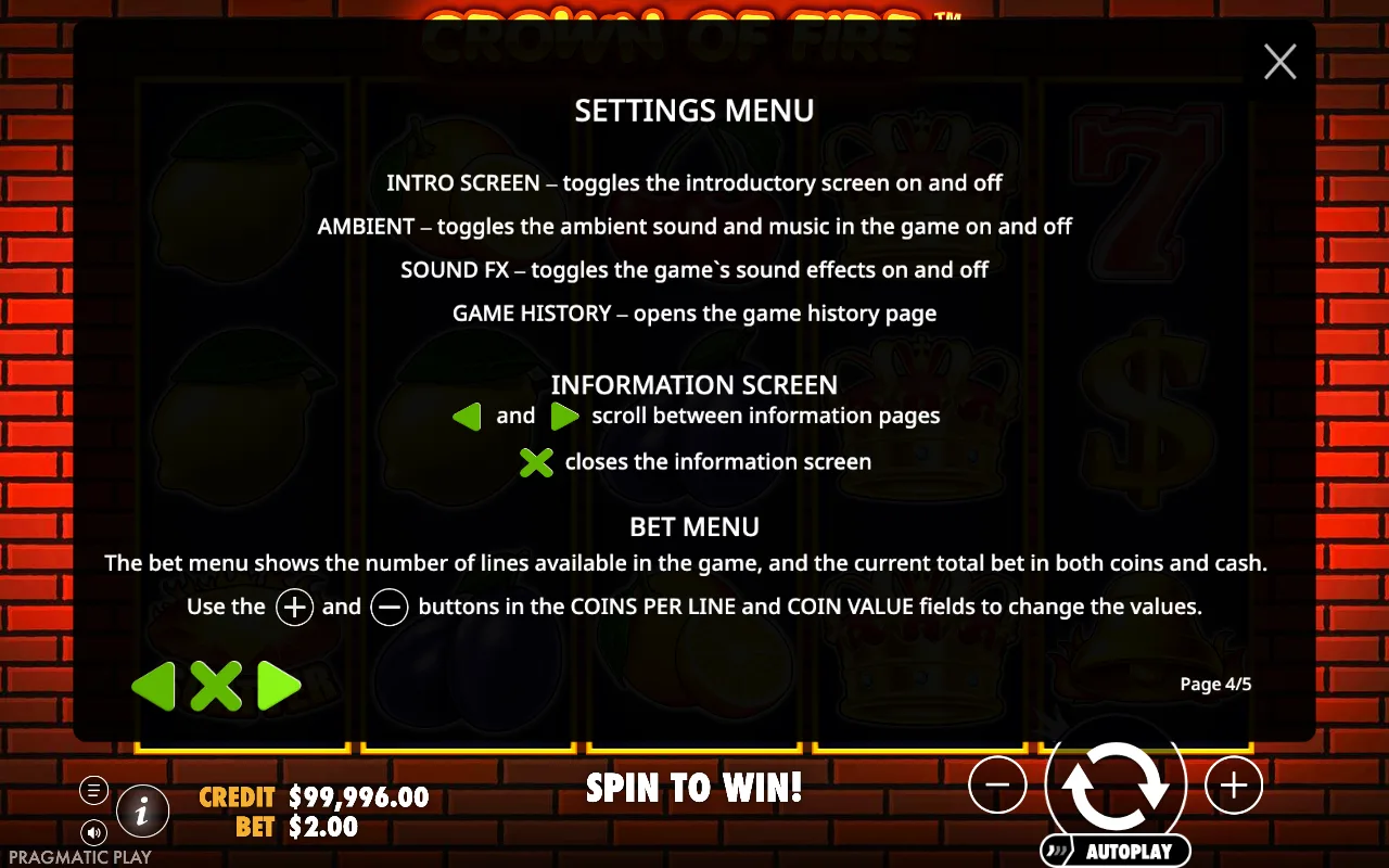 Settings menu — Crown of Fire