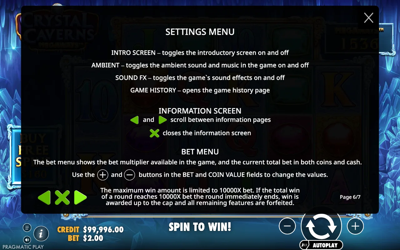 Settings menu — Crystal Caverns Megaways