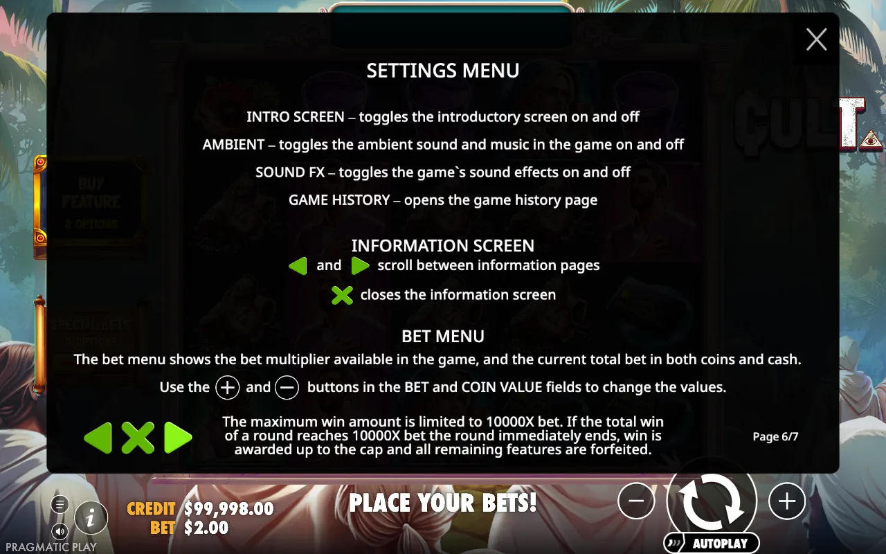 Settings menu — CULT
