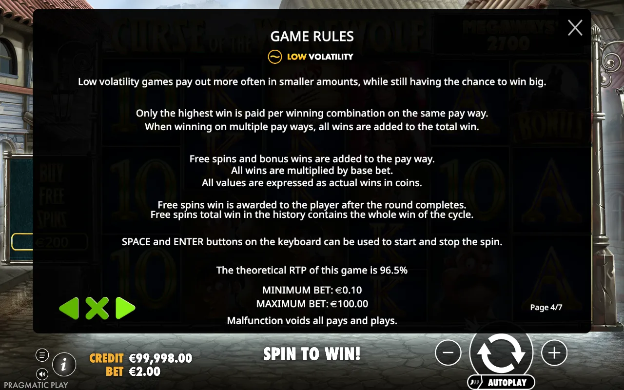 Game rules — Curse of the Werewolf Megaways