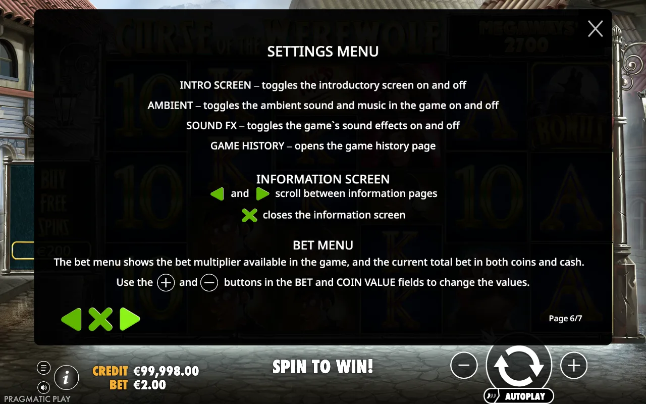 Settings menu — Curse of the Werewolf Megaways