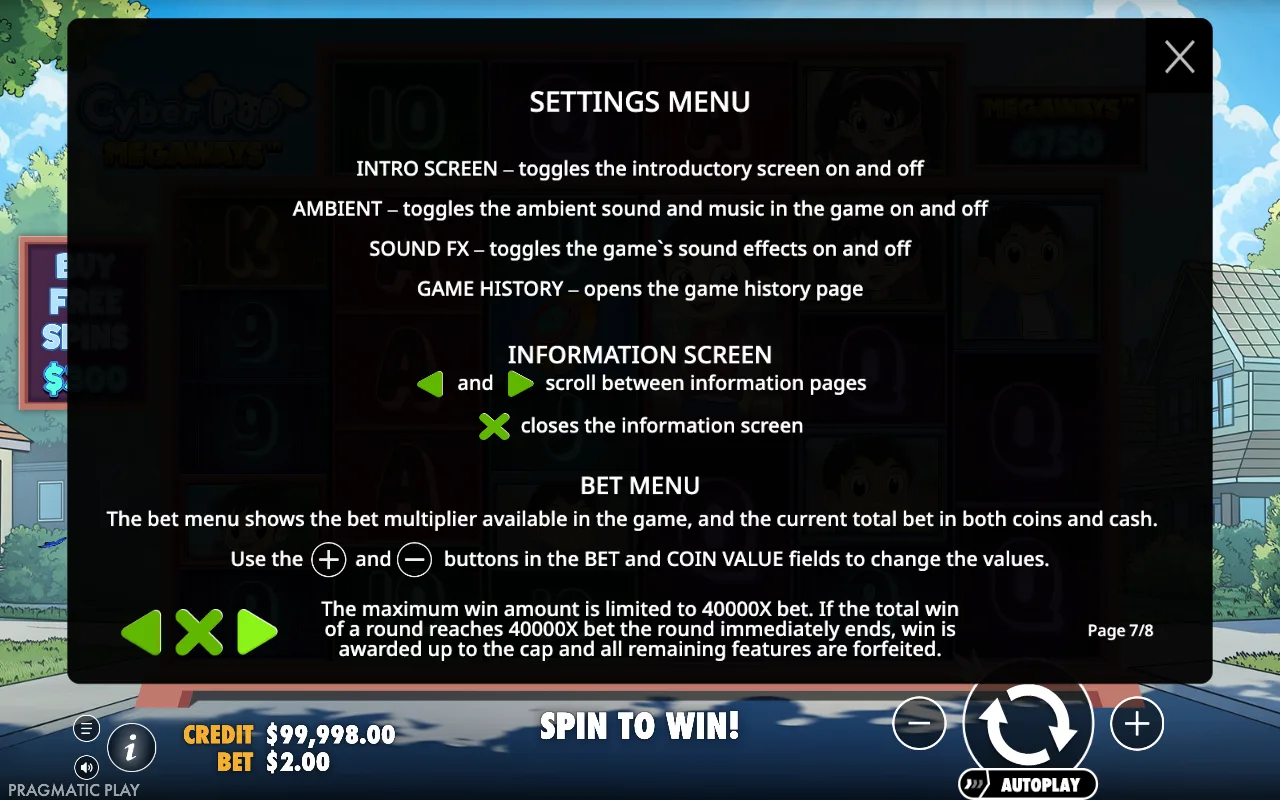 Settings menu — Cyber Pup Megaways