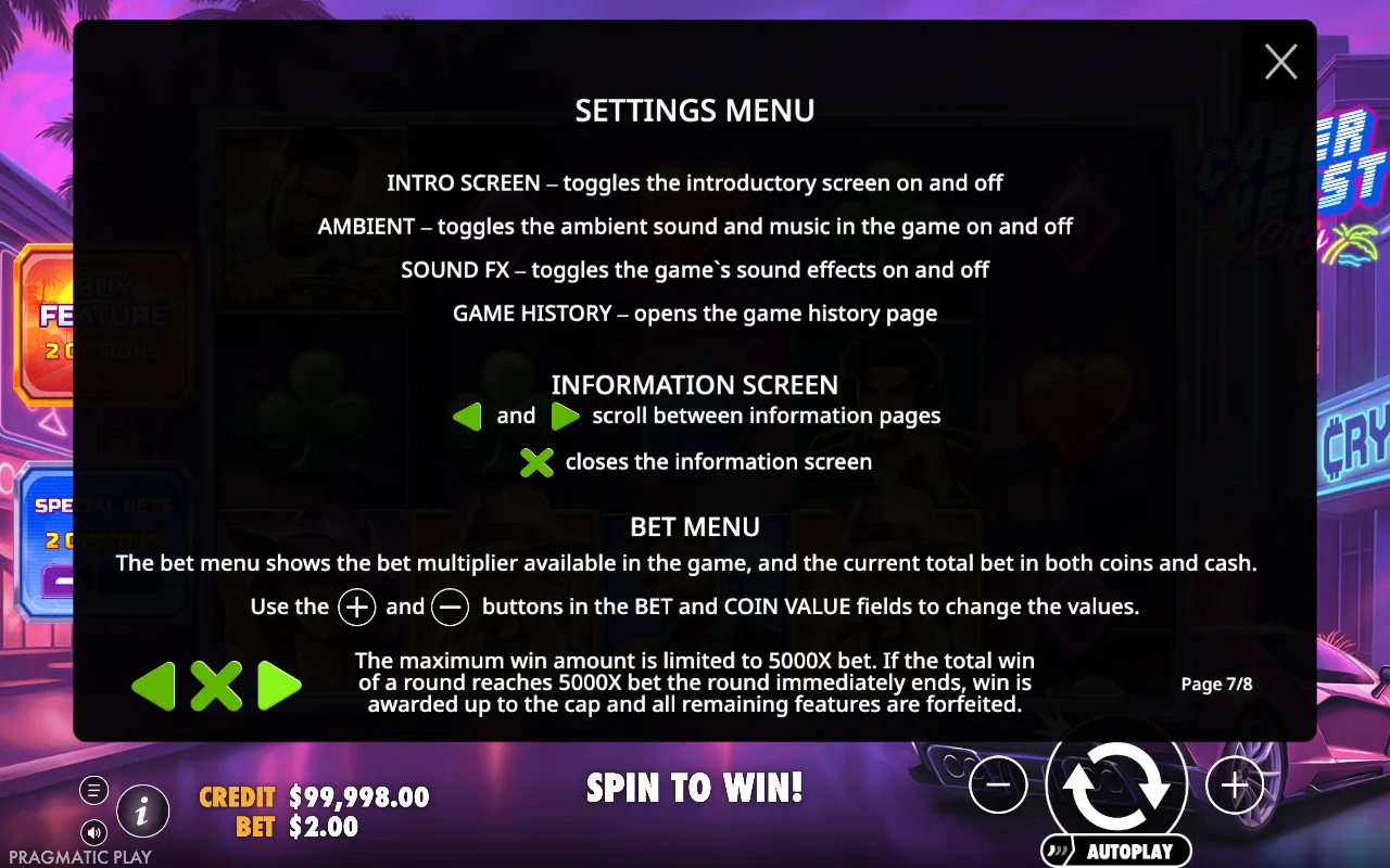 Settings menu — Cyberheist City