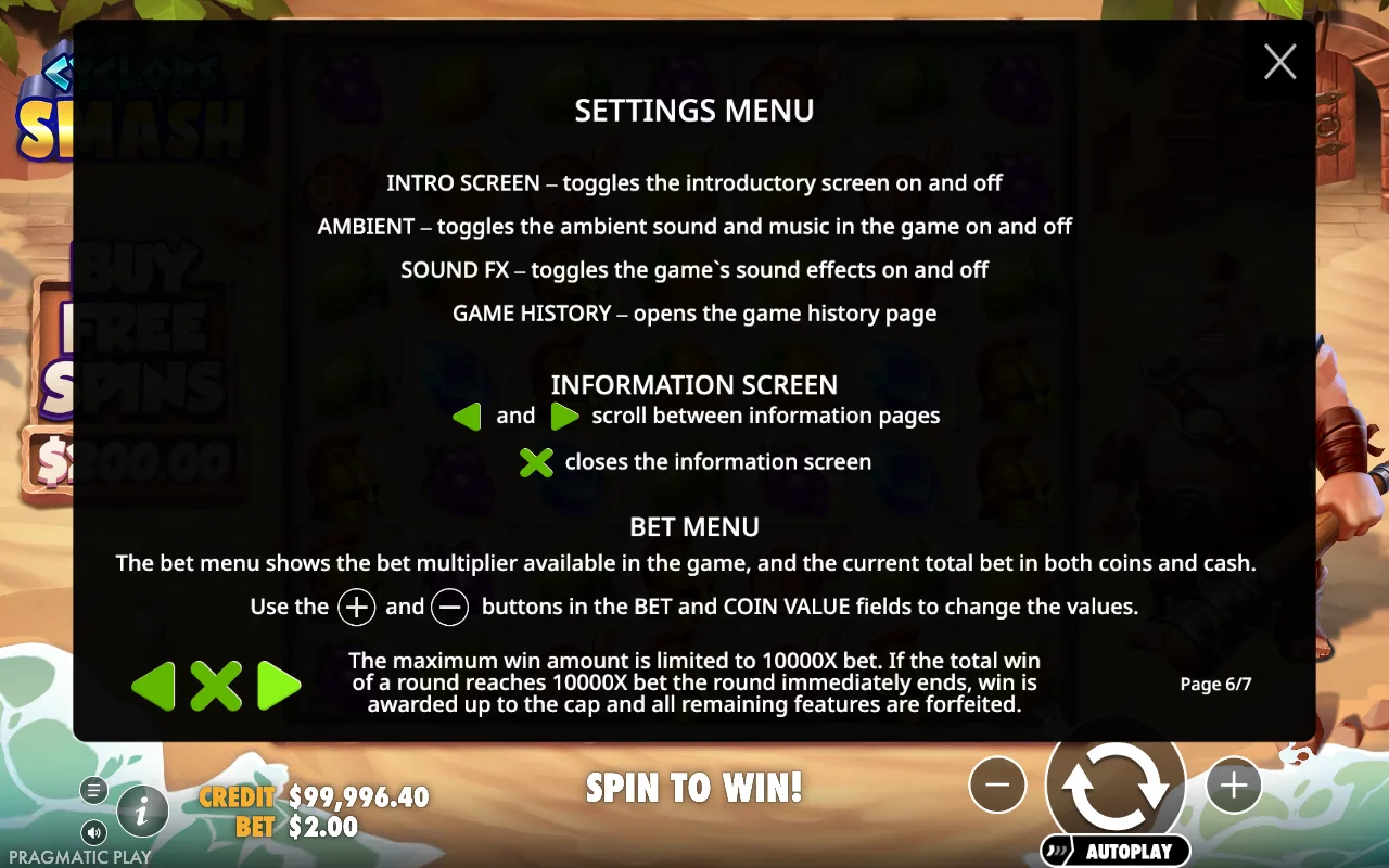 Settings menu — Cyclops Smash