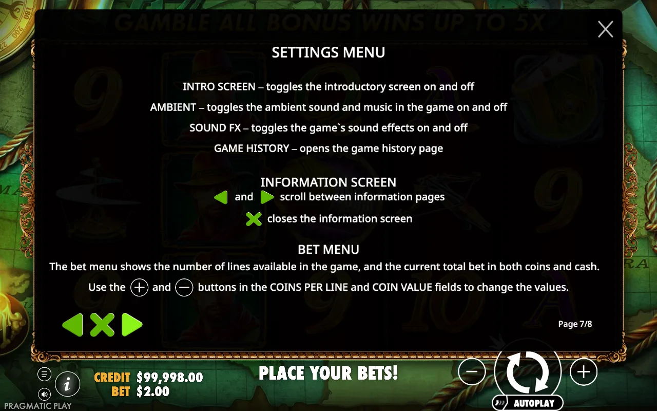 Settings menu — Da Vinci's Treasure