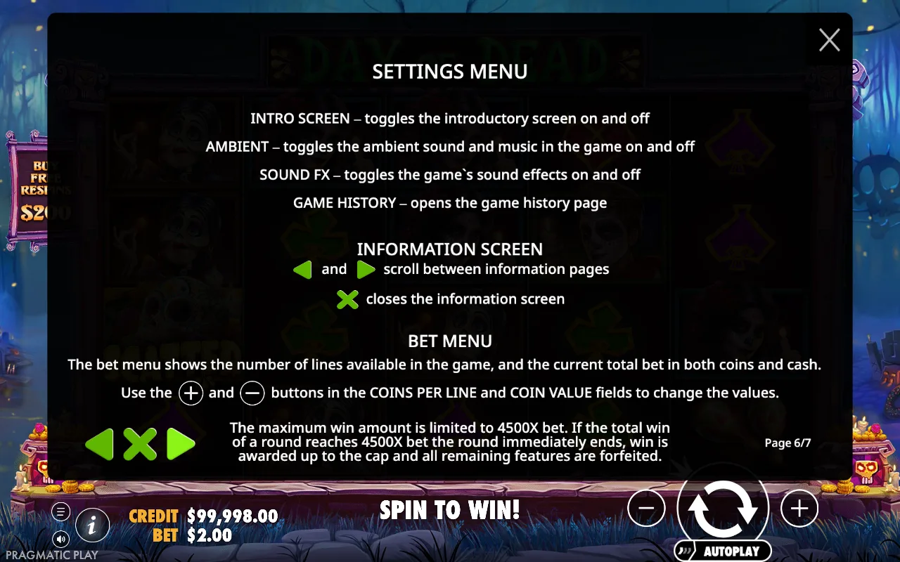 Settings menu — Day of Dead