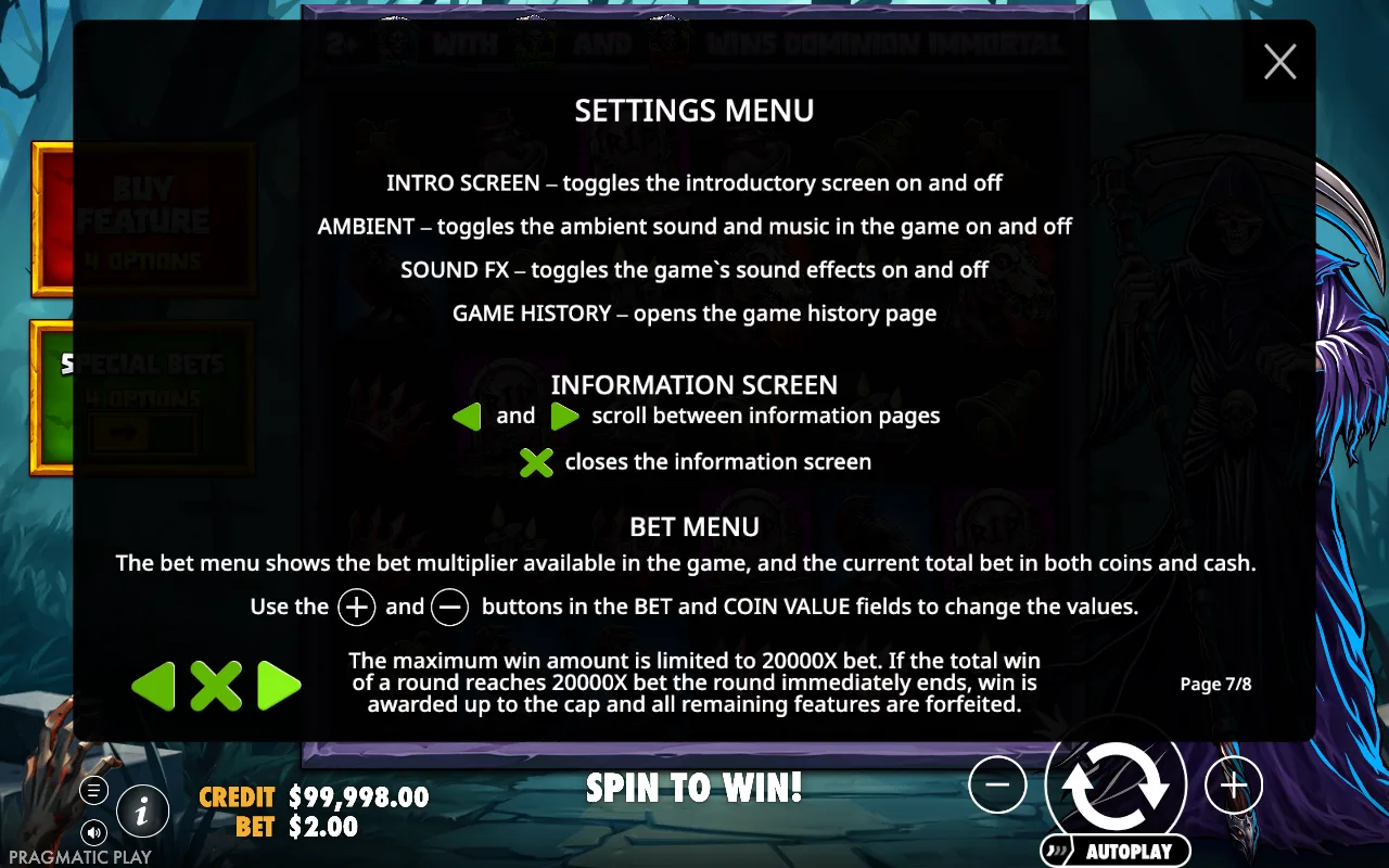 Settings menu — Death Dominion