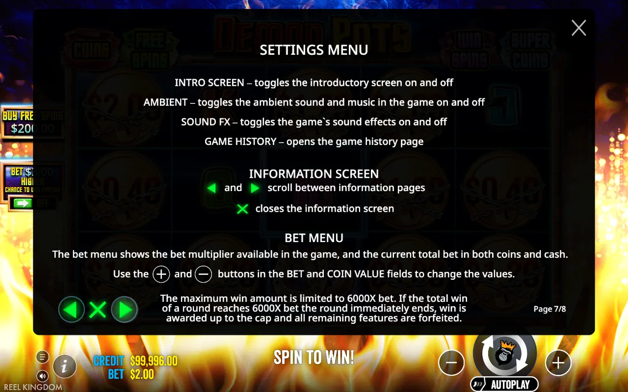 Settings menu — Demon Pots