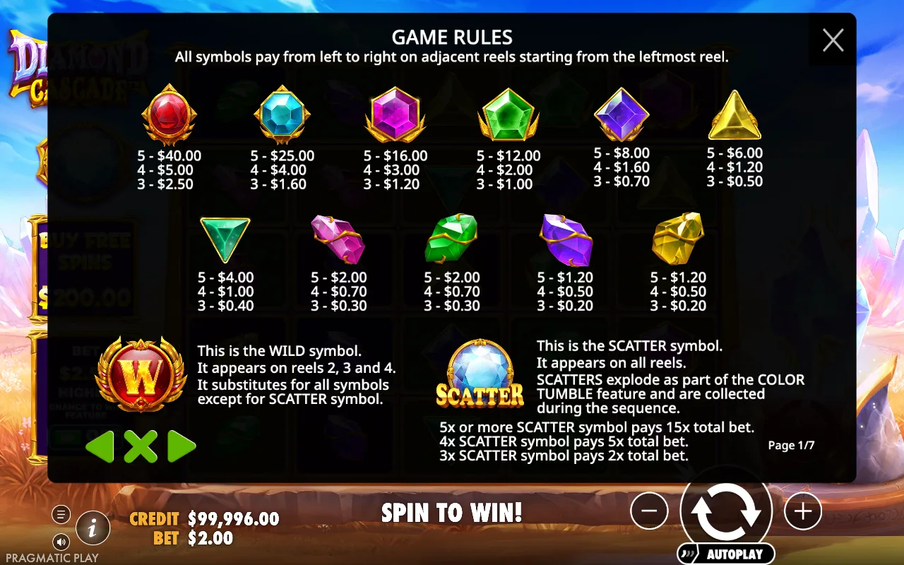 Game rules, page 1 — Diamond Cascade