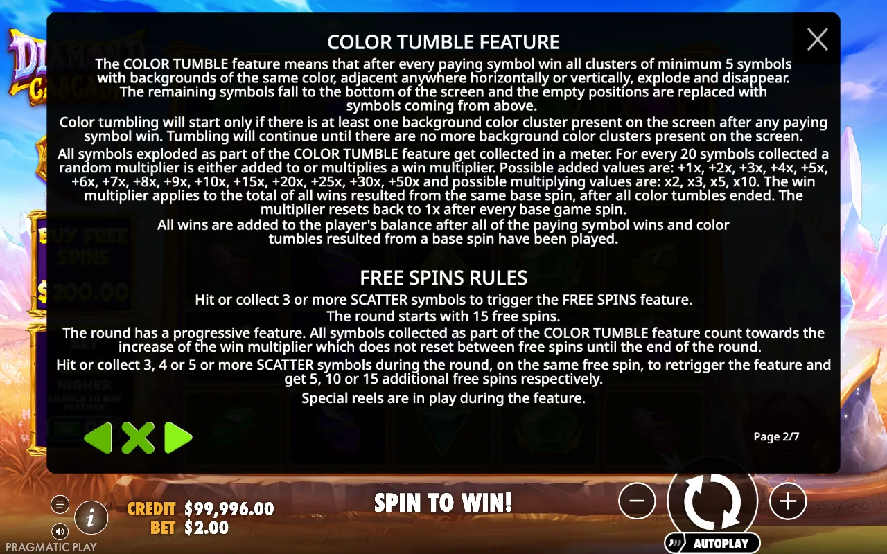 Game rules, page 2 — Diamond Cascade