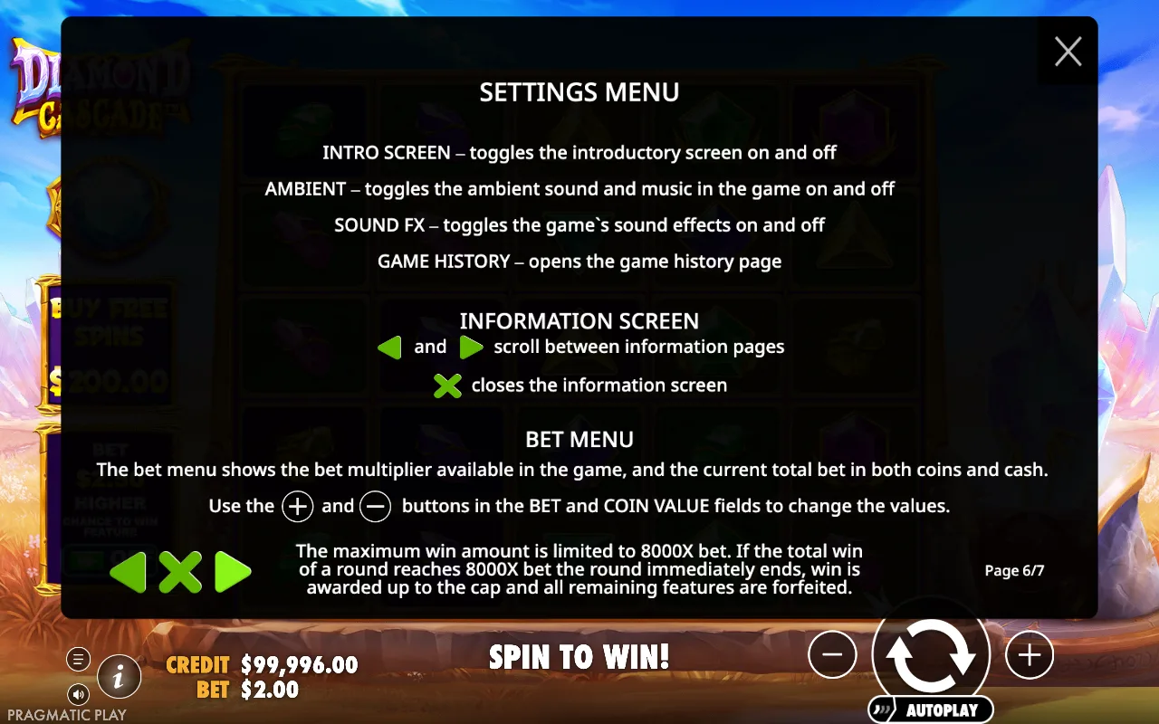 Settings menu — Diamond Cascade