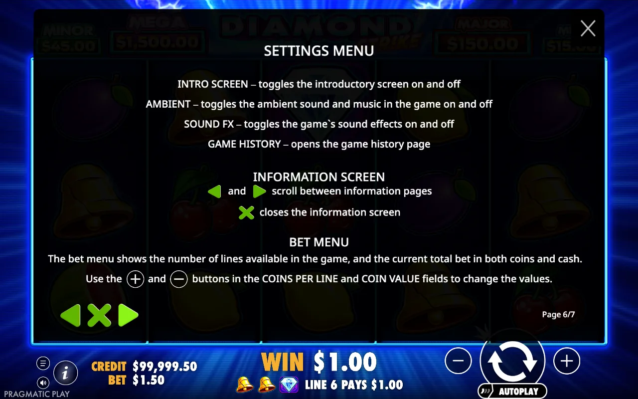 Settings menu — Diamond Strike