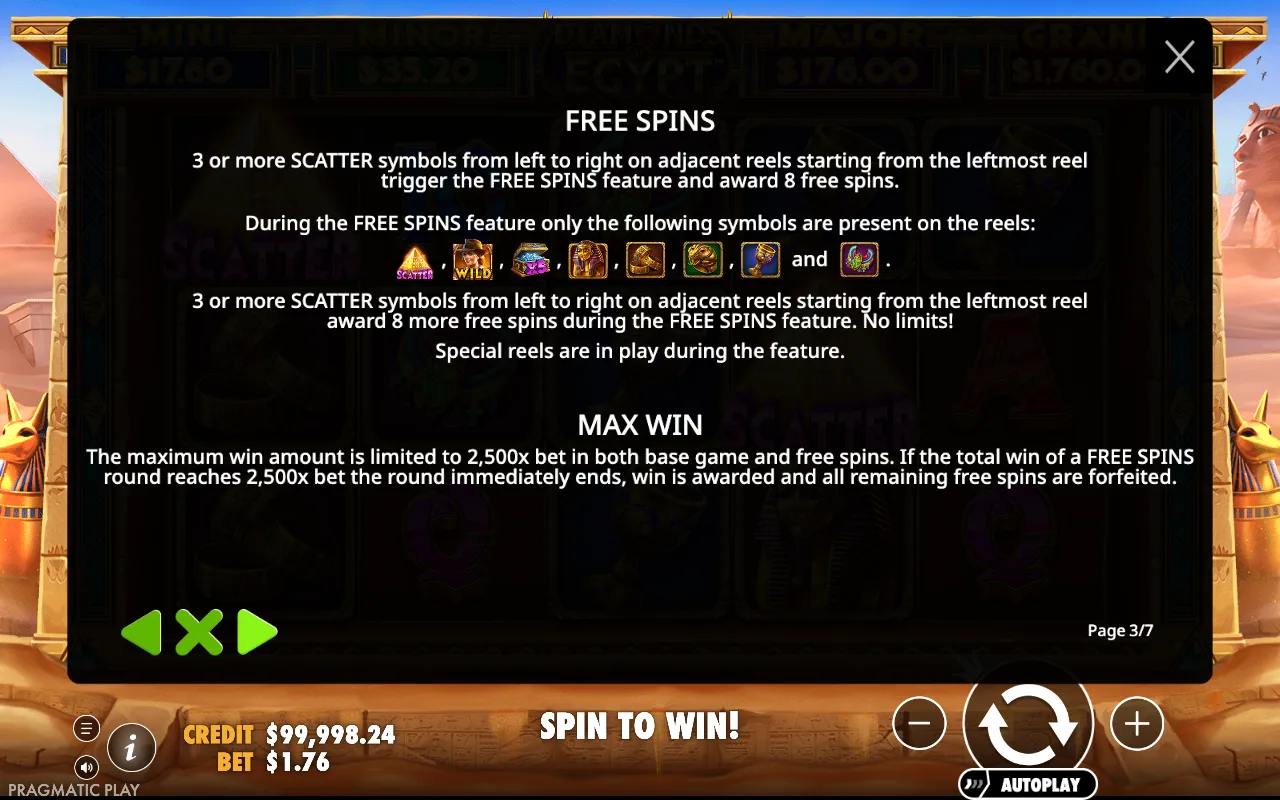 Free spins — Diamonds of Egypt