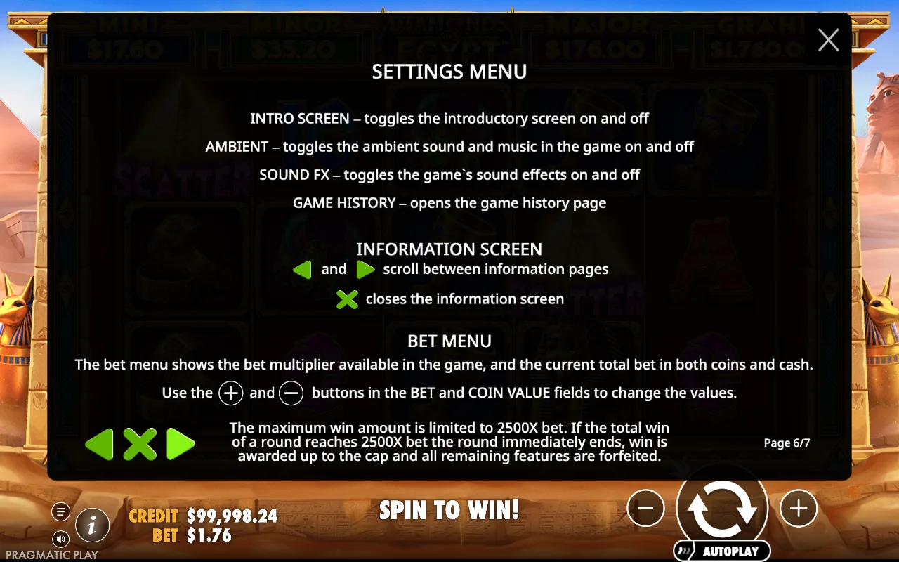 Settings menu — Diamonds of Egypt
