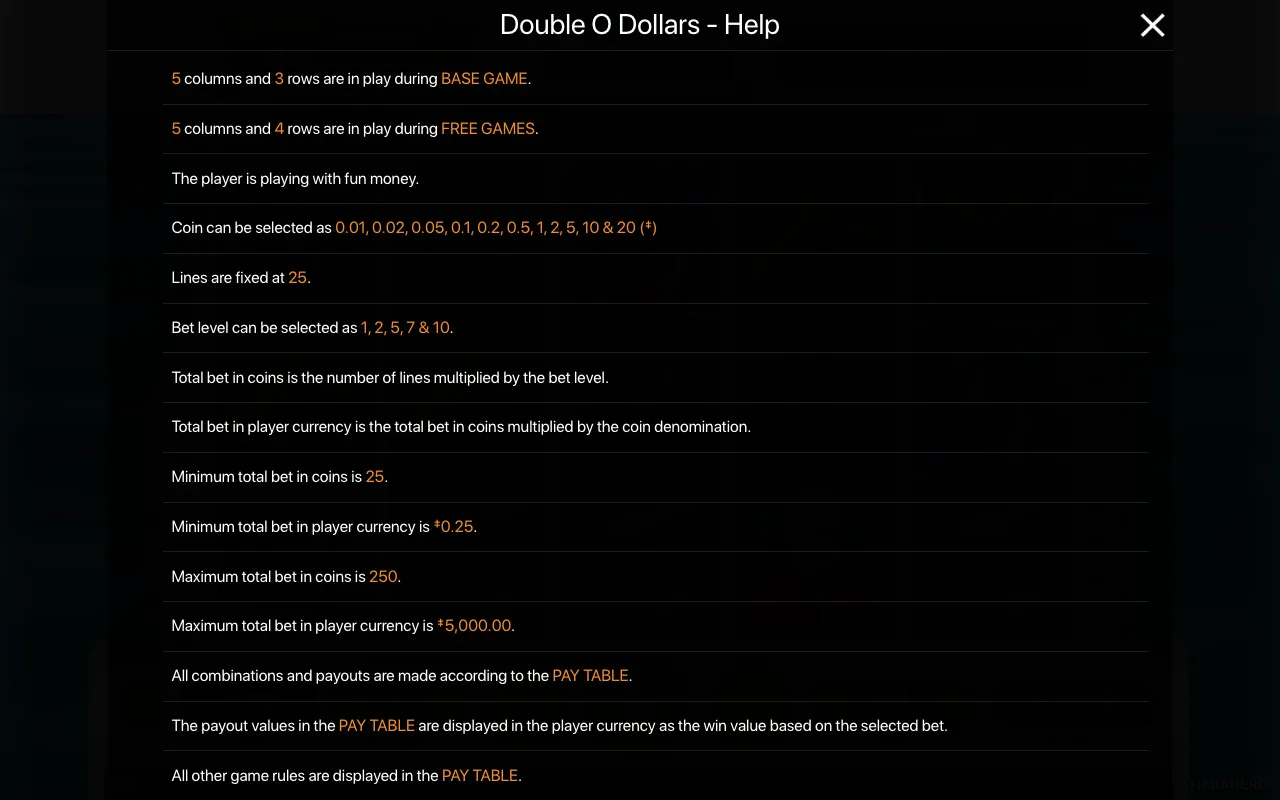 Game rules, page 1 — Double O Dollars