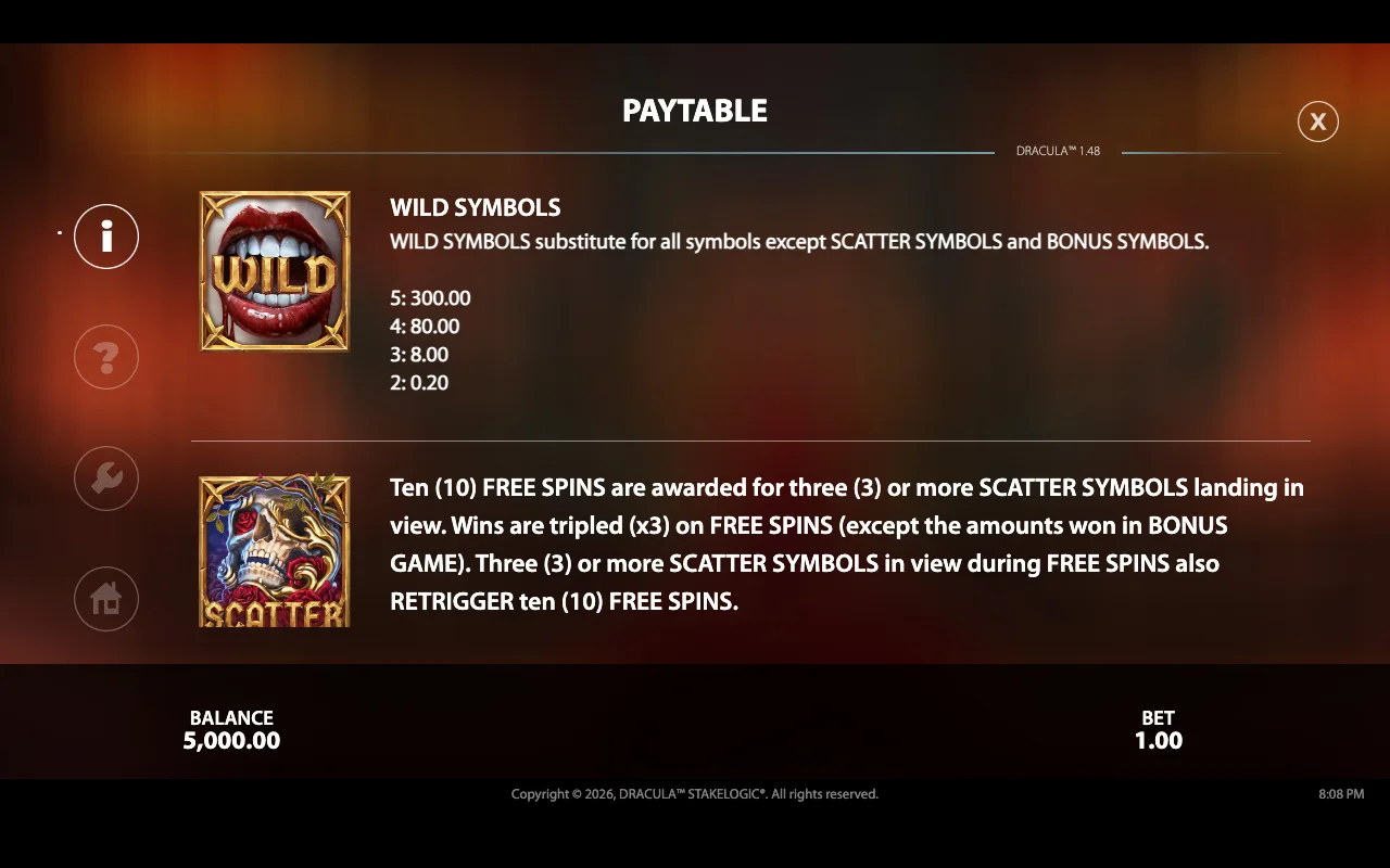 Paytable — Dracula