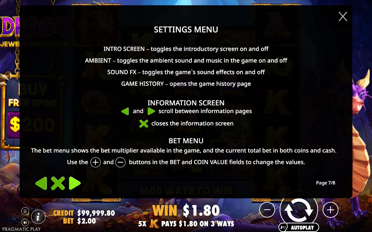 Settings menu — Drago - Jewels of Fortune