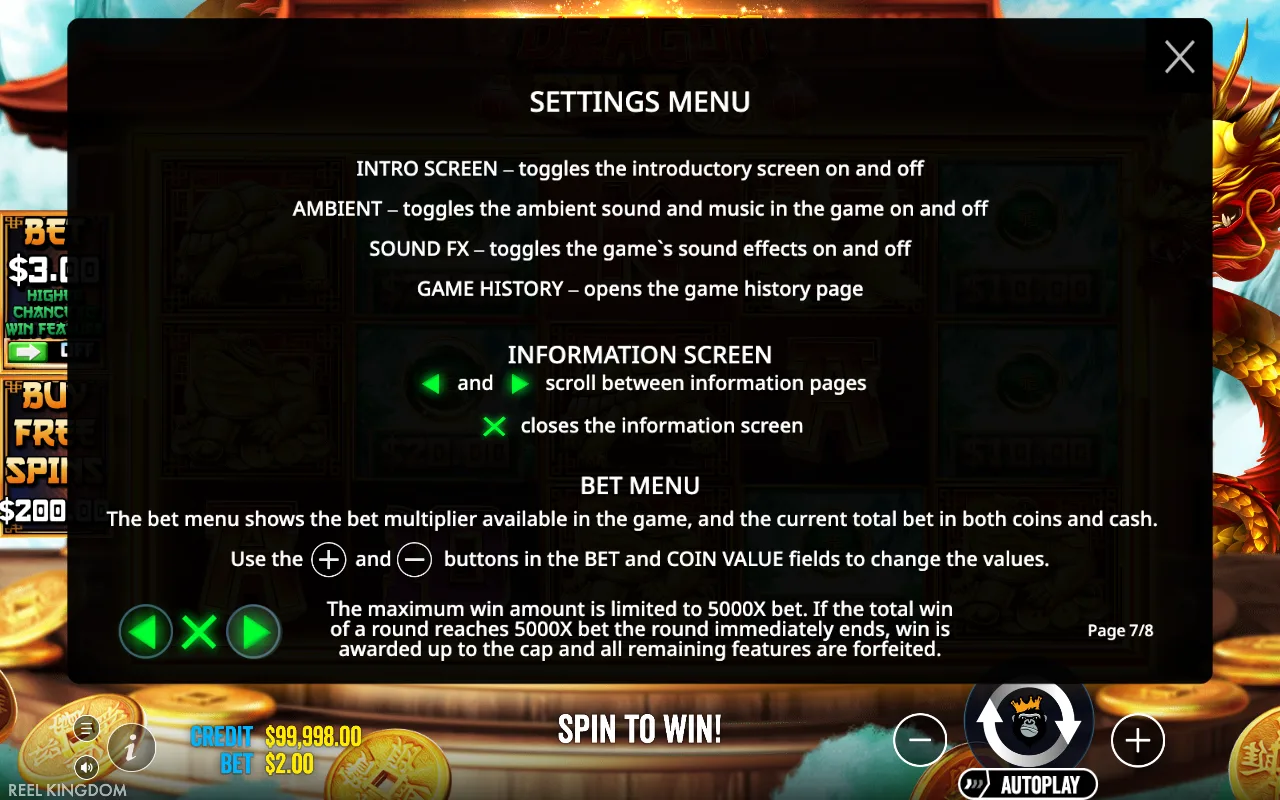 Settings menu — Dragon Gold 88