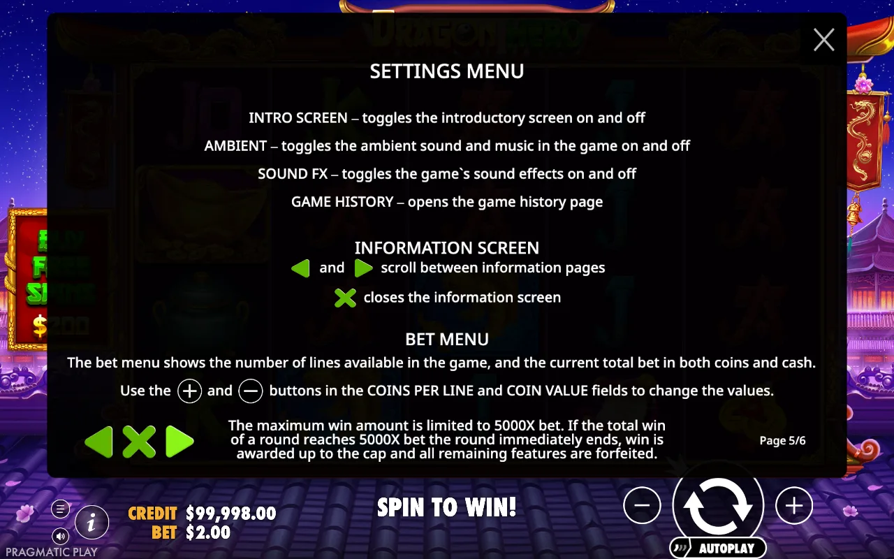 Settings menu — Dragon Hero