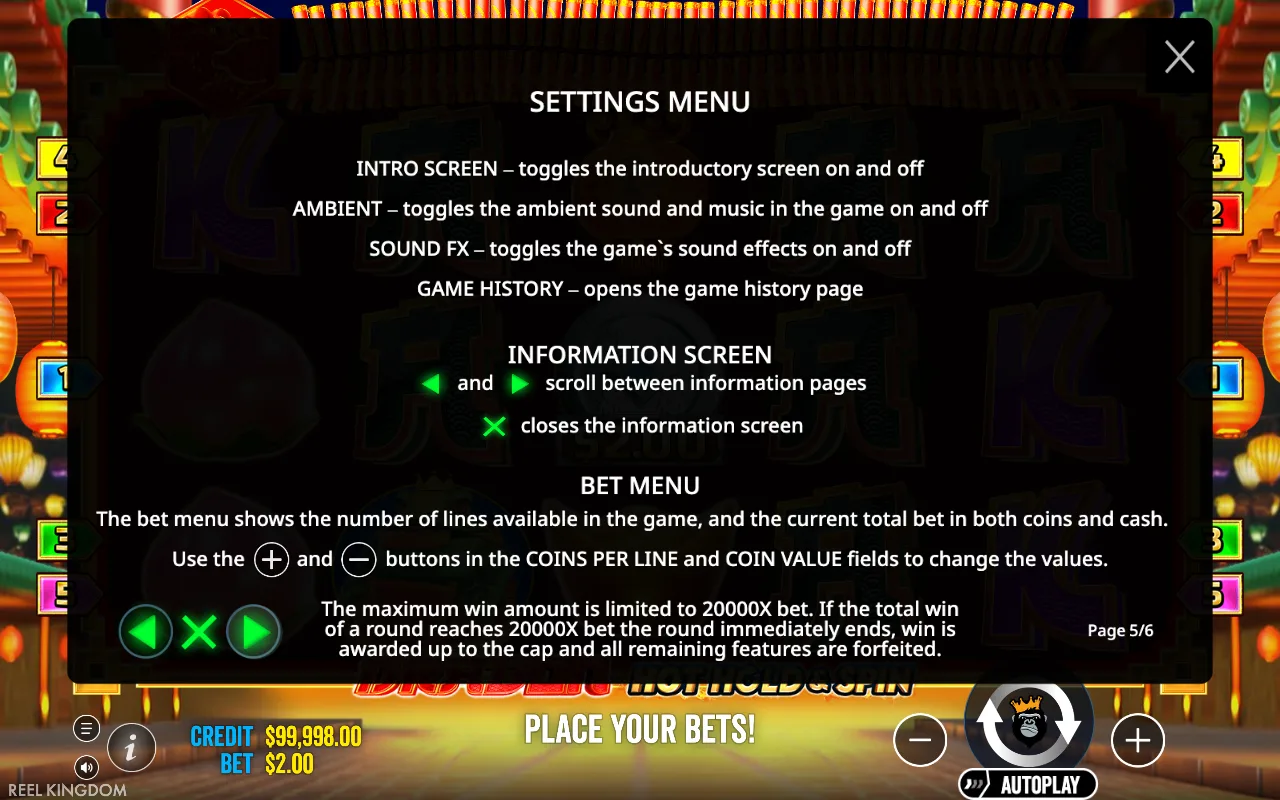 Settings menu — Dragon Hot Hold & Spin