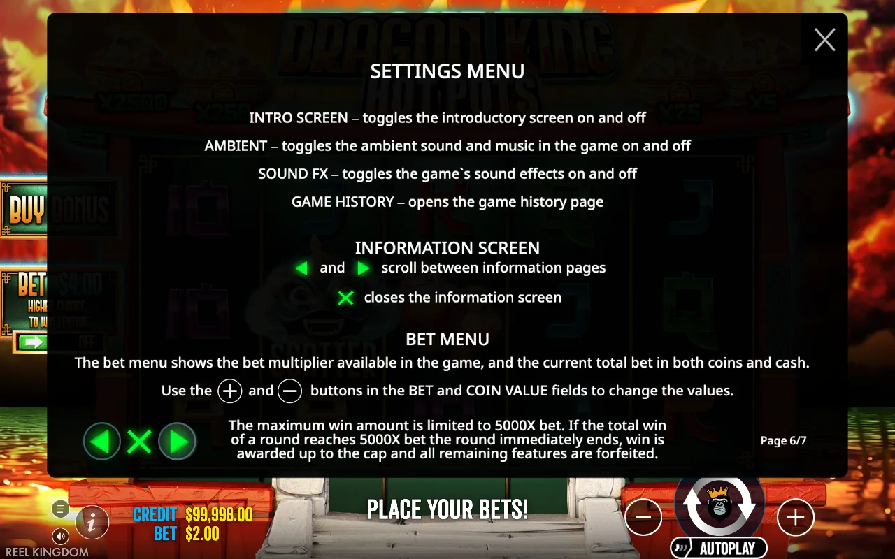 Settings menu — Dragon King Hot Pots