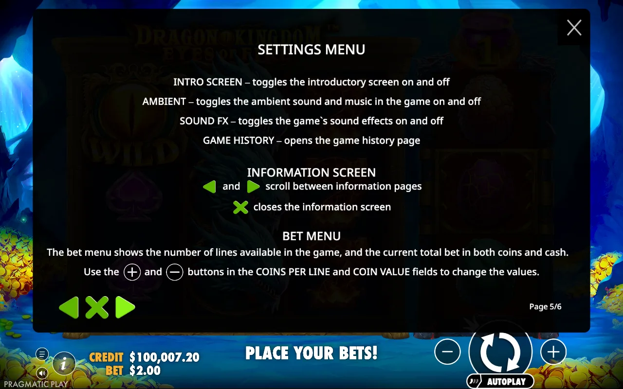 Settings menu — Dragon Kingdom — Eyes of Fire