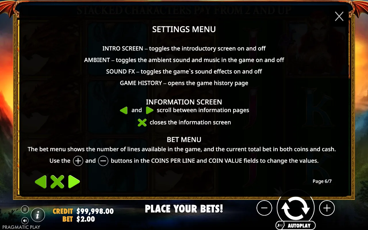 Settings menu — Dragon Kingdom