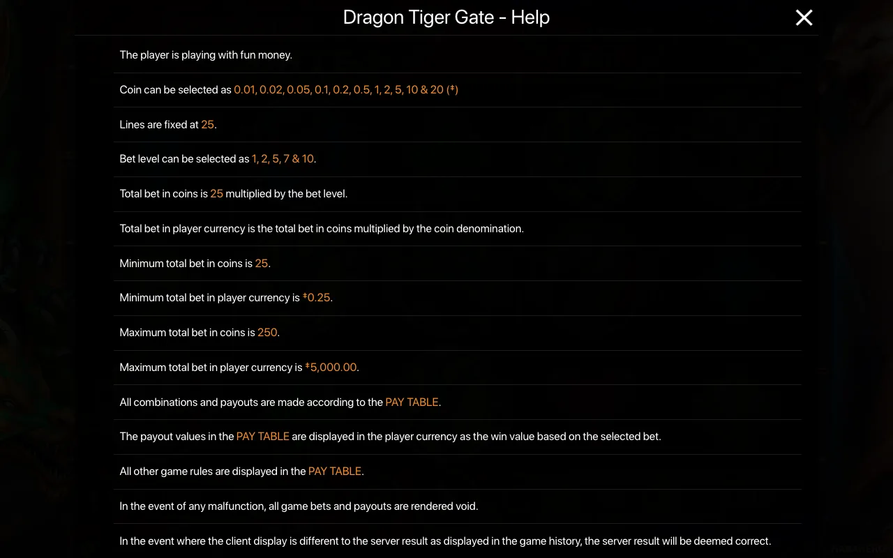 Game rules, page 1 — Dragon Tiger Gate