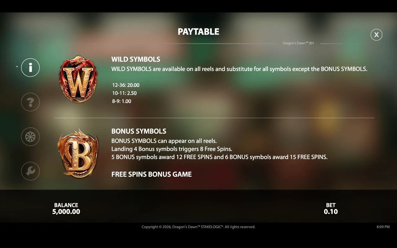 Paytable — Dragons Dawn