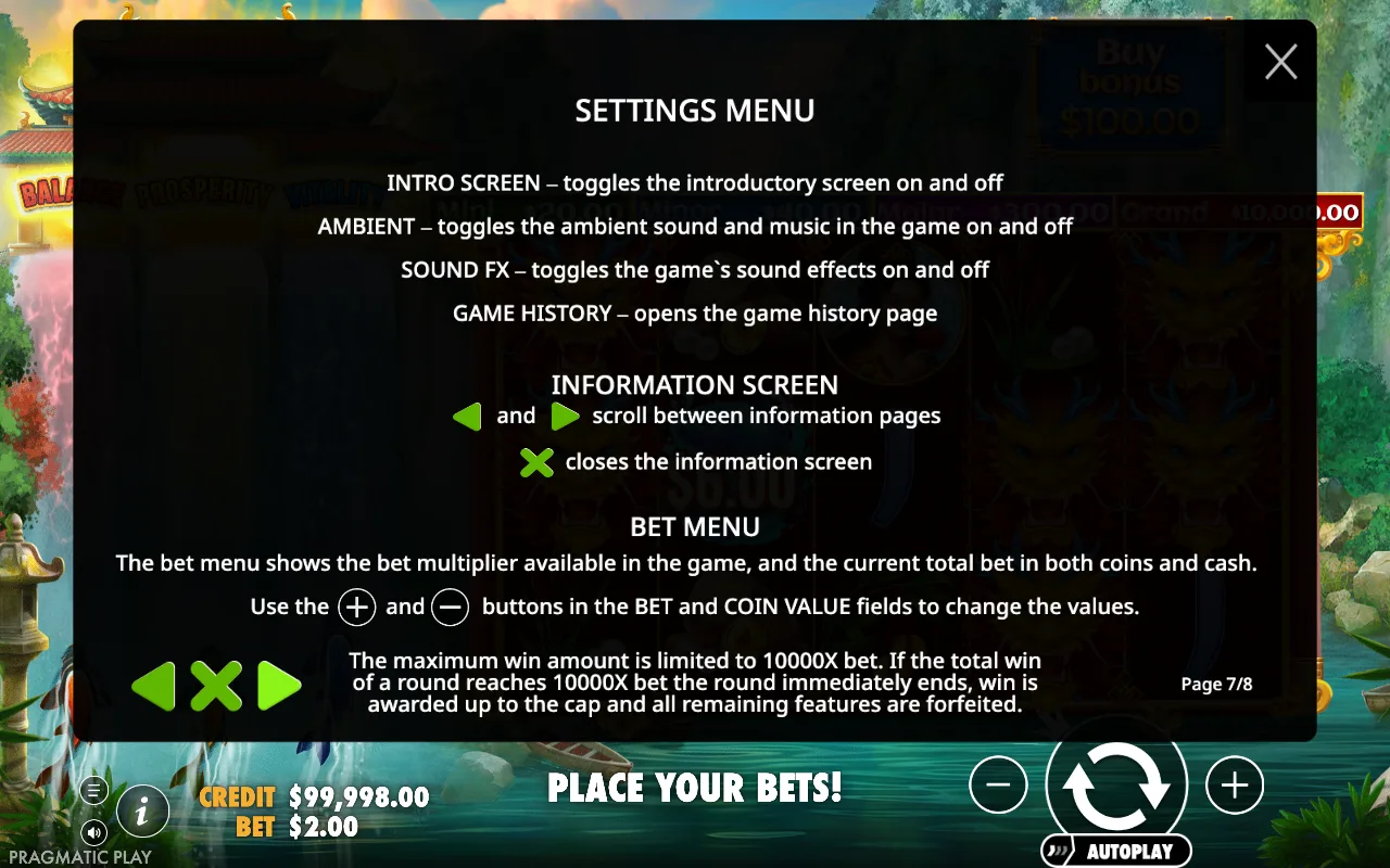 Settings menu — Dragons Gate Bonus Choice