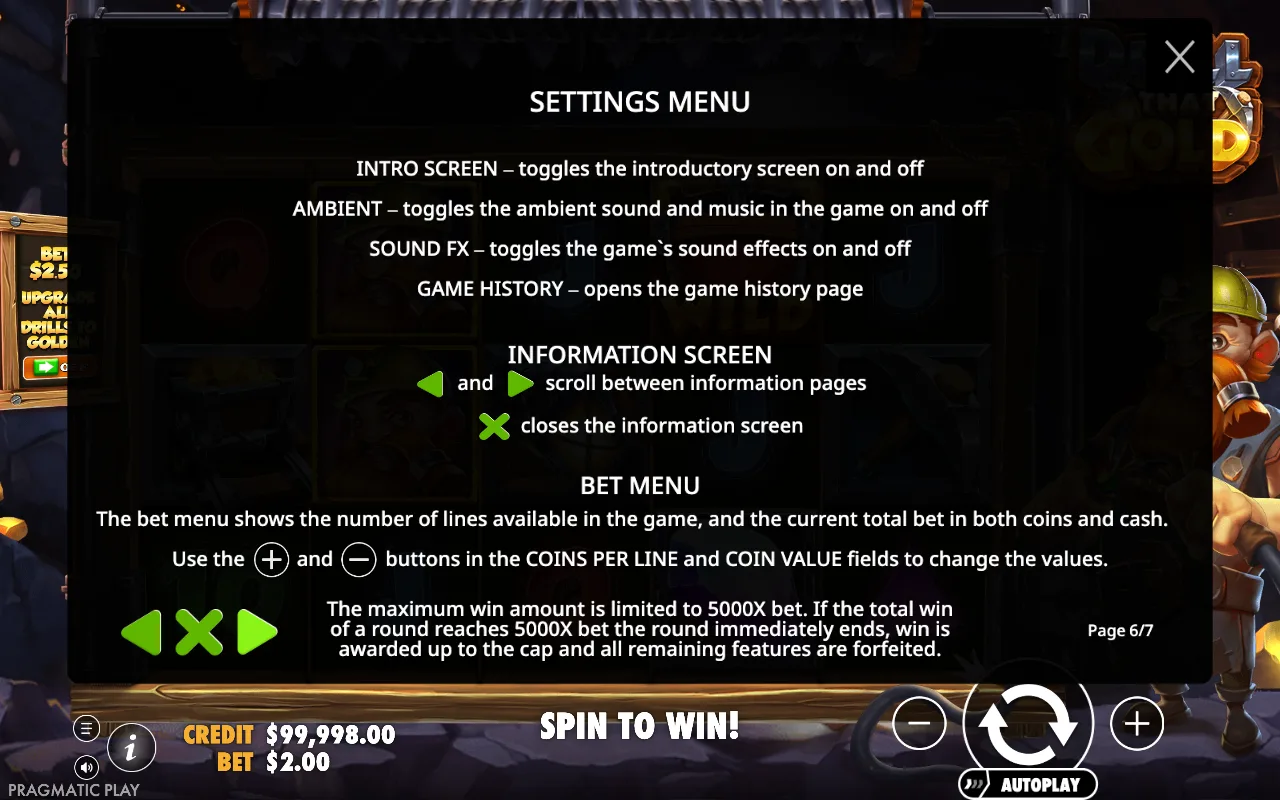 Settings menu — Drill That Gold