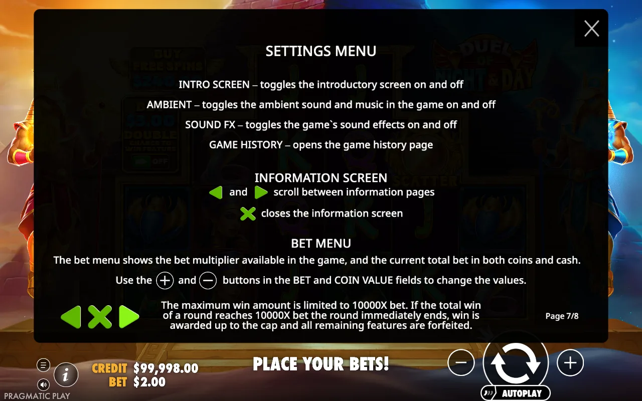 Settings menu — Duel of Night & Day
