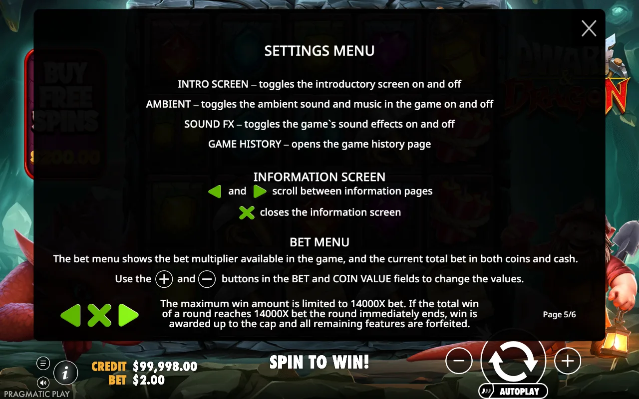 Settings menu — Dwarf Dragon