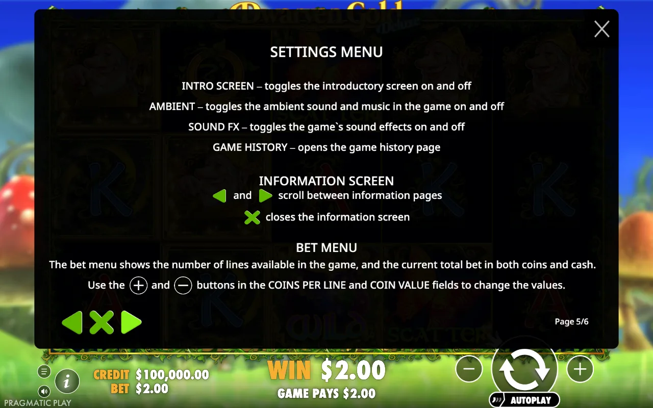 Settings menu — Dwarven Gold Deluxe