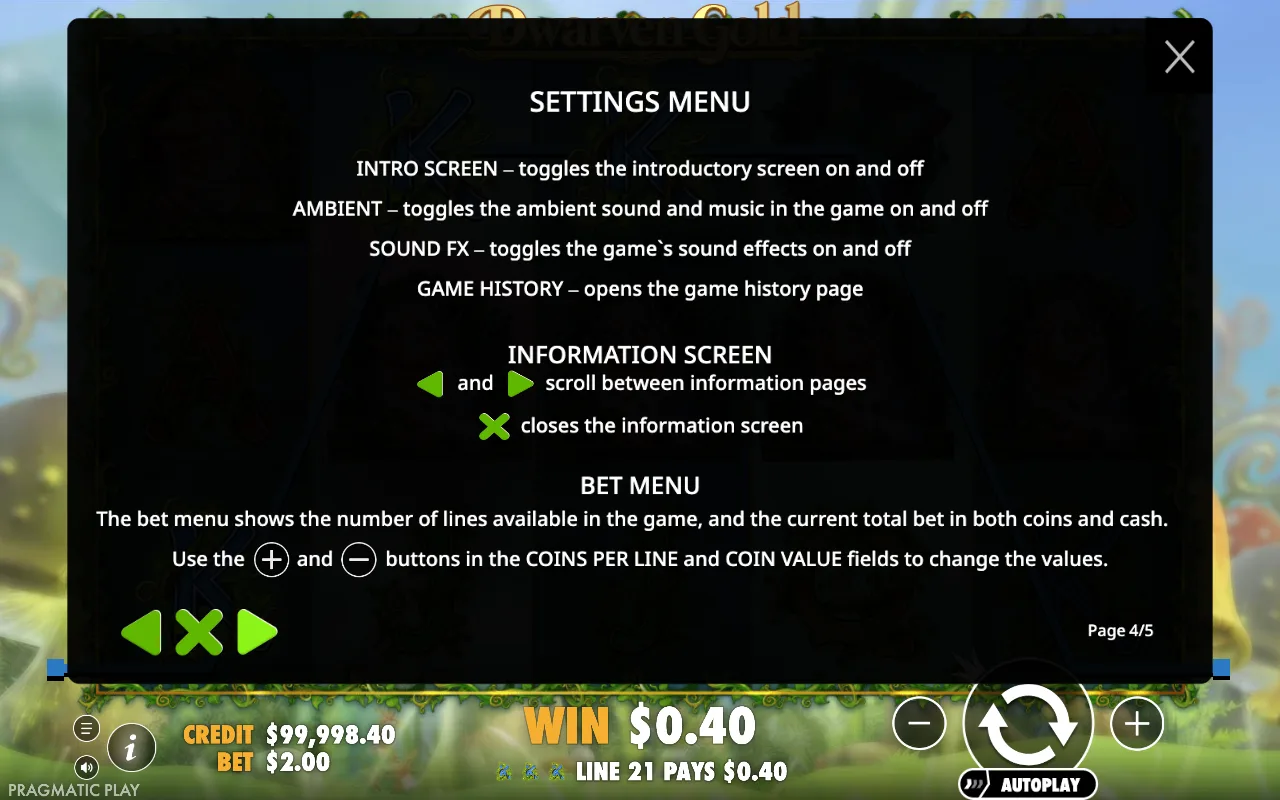 Settings menu — Dwarven Gold 2